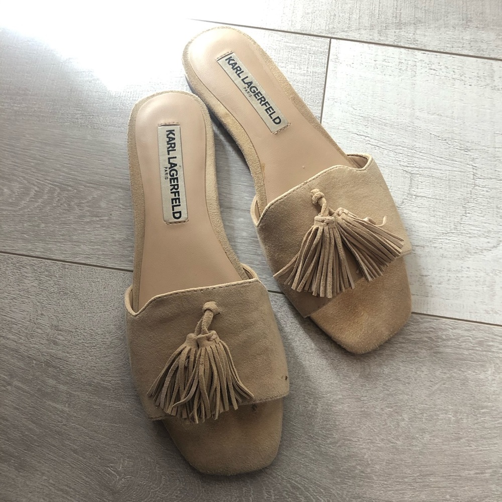 Karl Lagerfeld light beige slides with tassels